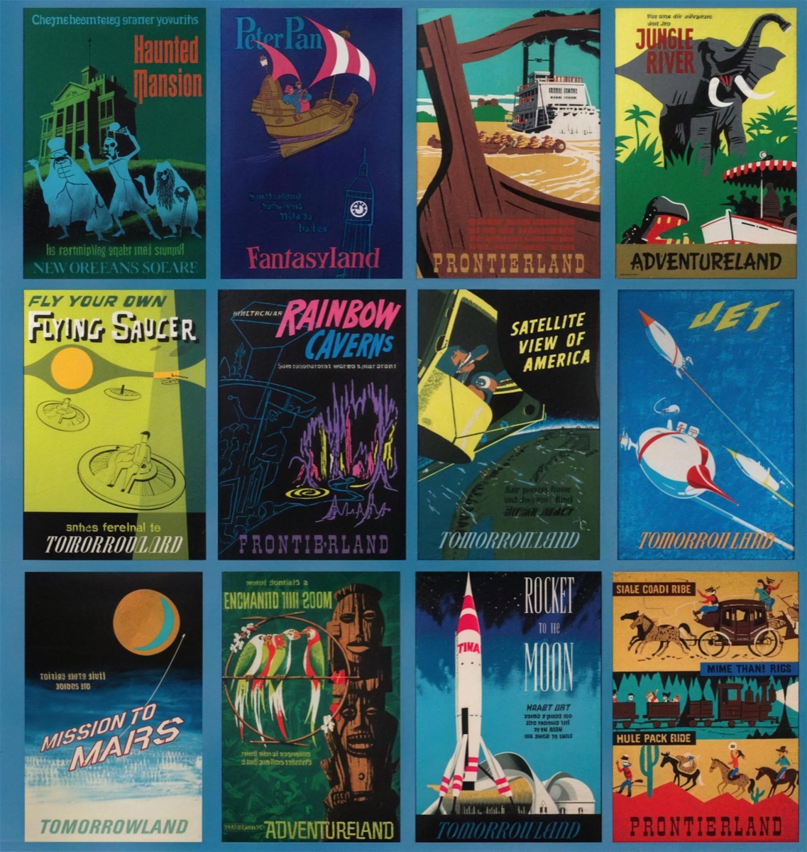 Vintage Disneyland attraction poster art — Haunted Mansion, Peter Pan, Jungle River and more